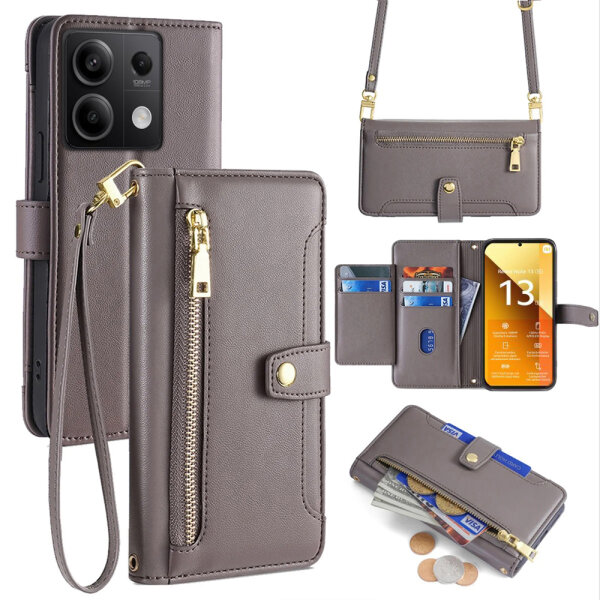Handykette Xiaomi Hülle mit Band Handyhülle Kartenfächer PU Leder Umhängetasche Redmi Note 13 5G Grau