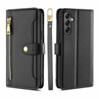 Handykette Samsung Hülle mit Band Handyhülle Kartenfächer PU Leder Umhängetasche Galaxy A34 Schwarz