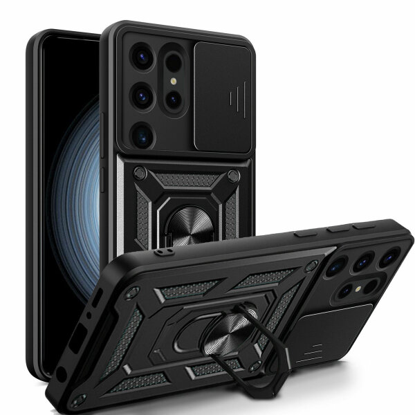 Outdoor Panzer Hülle für Samsung Galaxy S24 Ultra mit Kameraschutz Ringhalter Schwarz