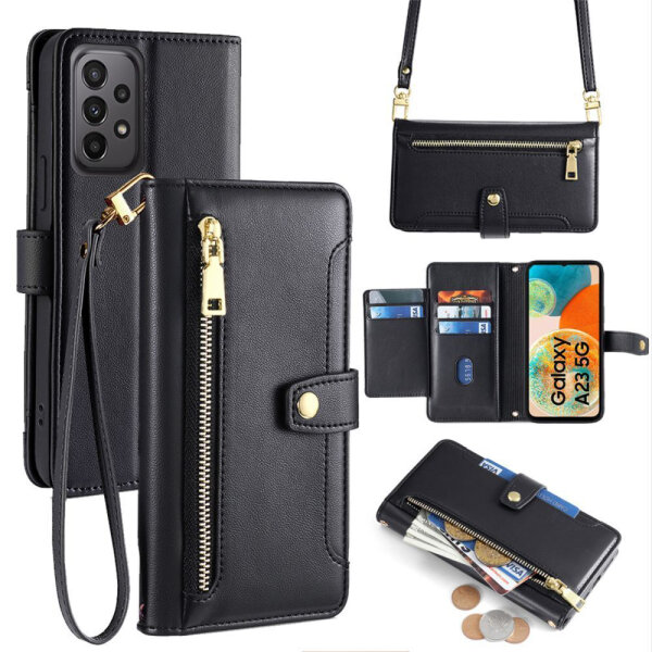 Handykette Samsung Hülle mit Band Handyhülle Kartenfächer PU Leder Umhängetasche Galaxy A23 Schwarz