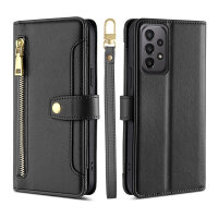 Handykette Samsung Hülle mit Band Handyhülle Kartenfächer PU Leder Umhängetasche Galaxy A23 Schwarz