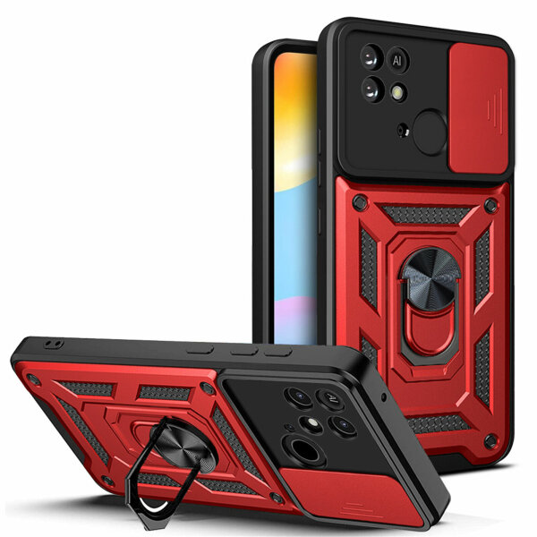 Outdoor Panzer Hülle für Xiaomi Redmi 10C mit Kameraschutz Ringhalter Handyhülle Rot