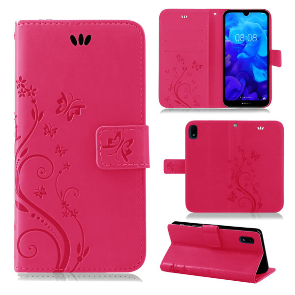 Huawei Handy Tasche Handyhülle Schutz Hülle Blumen Flip Cover Buch Case Etui Huawei Y5 2019 Pink