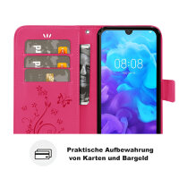 Huawei Handy Tasche Handyhülle Schutz Hülle Blumen Flip Cover Buch Case Etui Huawei Y5 2019 Pink
