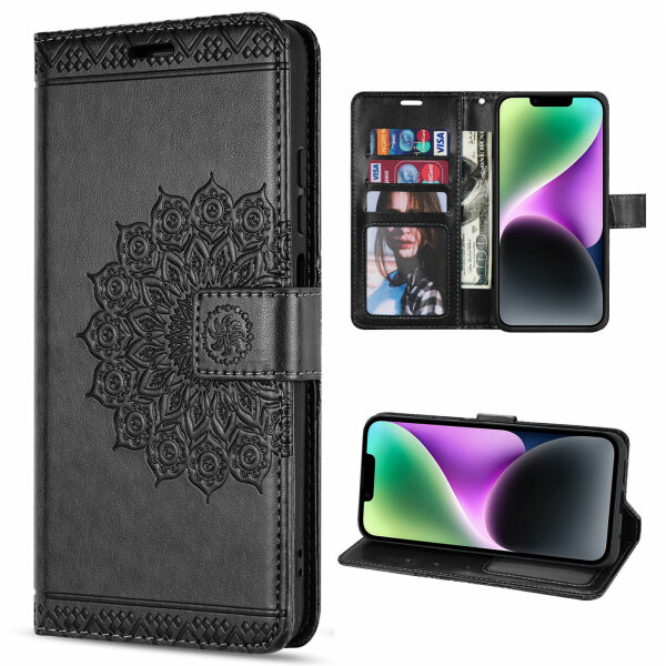 betterfon Mandala Case für Apple iPhone 14 Hülle Handyhülle PU Leder Wallet Case Schwarz