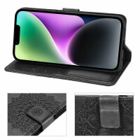 betterfon Mandala Case für Apple iPhone 14 Hülle Handyhülle PU Leder Wallet Case Schwarz