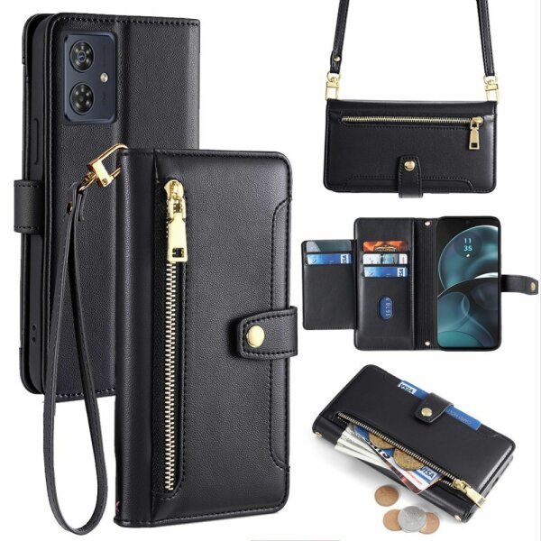 Handykette Motorola Hülle mit Band Handyhülle Kartenfächer Leder Umhängetasche Moto G14 Schwarz