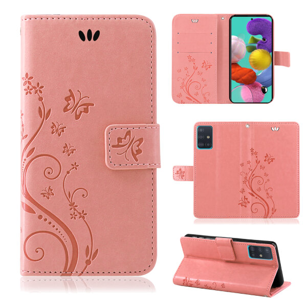 Handy Tasche für Samsung Galaxy A51 SM-A515 Hülle Case Buchhülle Klapphülle TPU Blume Rosegold