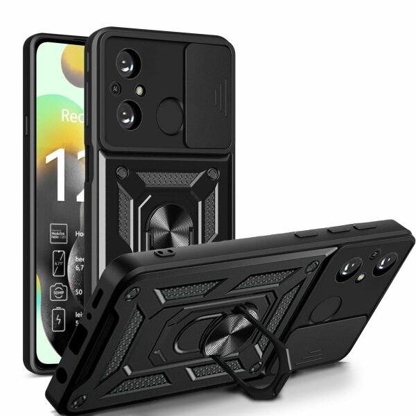 Outdoor Panzer Hülle Xiaomi Redmi 12C Handyhülle mit Kameraschutz Ringhalter Schwarz