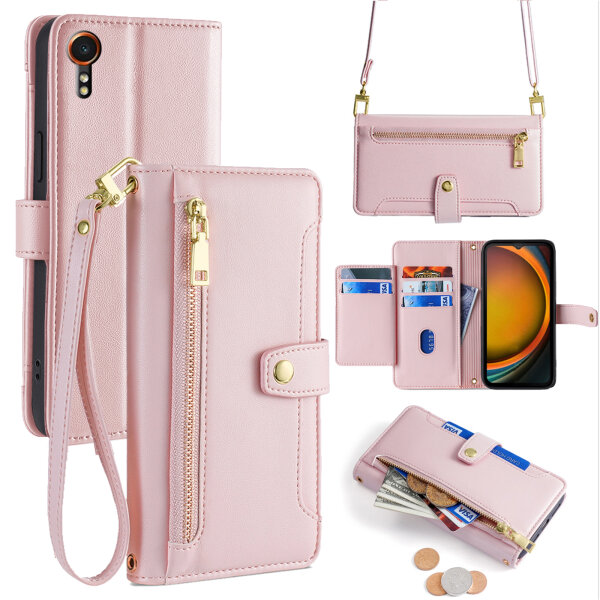 Handykette Samsung Hülle mit Band Handyhülle Kartenfächer PU Leder Umhängetasche Galaxy Xcover 7 Rosa