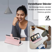 Handykette Samsung Hülle mit Band Handyhülle Kartenfächer PU Leder Umhängetasche Galaxy A35 Rosa