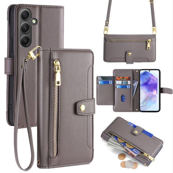 Handykette Samsung Hülle mit Band Handyhülle Kartenfächer PU Leder Umhängetasche Galaxy A55 Grau