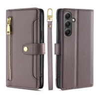 Handykette Samsung Hülle mit Band Handyhülle Kartenfächer PU Leder Umhängetasche Galaxy A55 Grau