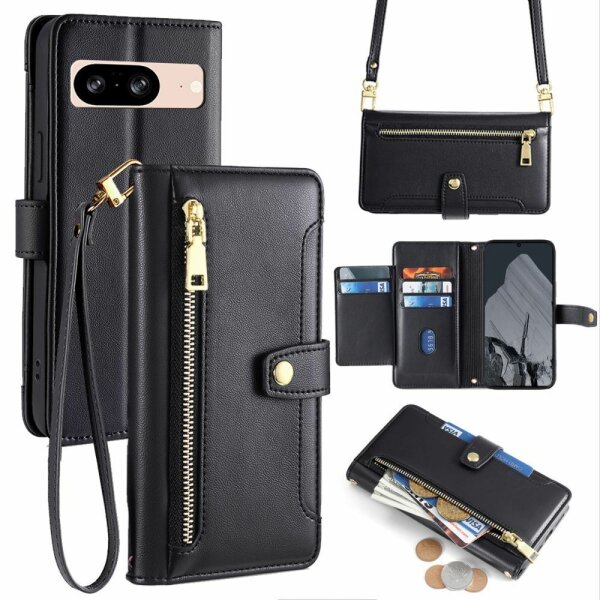 Handykette Google Hülle mit Band Handyhülle Kartenfächer PU Leder Umhängetasche Pixel 8 Schwarz