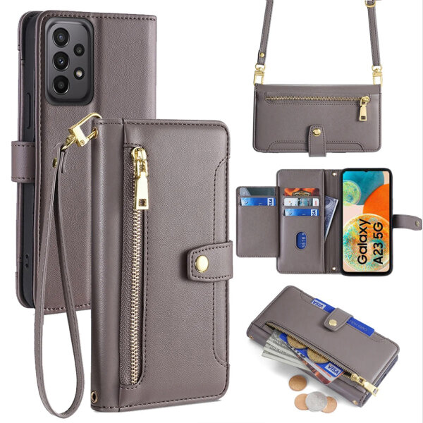 Handykette Samsung Hülle mit Band Handyhülle Kartenfächer PU Leder Umhängetasche Galaxy A23 Grau