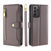 Handykette Samsung Hülle mit Band Handyhülle Kartenfächer PU Leder Umhängetasche Galaxy A23 Grau