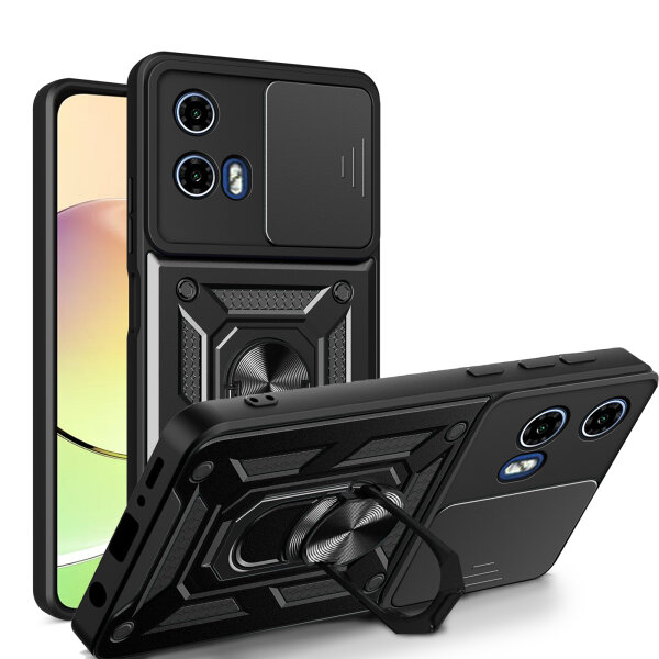 Outdoor Panzer Hülle Motorola Moto G04 G24 E14 Handyhülle mit Kameraschutz Ringhalter Schwarz