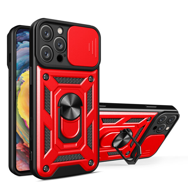 Panzer Hülle iPhone 16 Pro Max Handyhülle mit Kameraschutz Ringhalter Rot