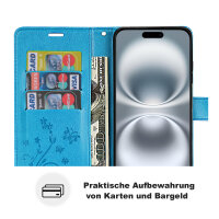 Handyhülle für Apple iPhone 16 – Klapphülle Blume Blau