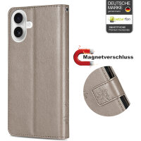 Handyhülle für Apple iPhone 16 – Klapphülle Blume Grau