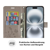 Handyhülle für Apple iPhone 16 – Klapphülle Blume Grau
