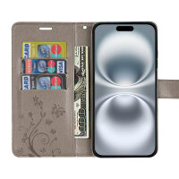 Handyhülle für Apple iPhone 16 – Klapphülle Blume Grau