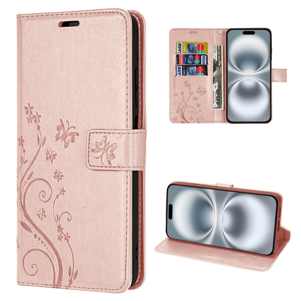 Handyhülle für Apple iPhone 16 – Klapphülle Blume Roségold