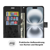 Handyhülle für Apple iPhone 16 – Klapphülle Blume Schwarz