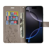 Handyhülle für Apple iPhone 16 Pro – Klapphülle Blume Grau
