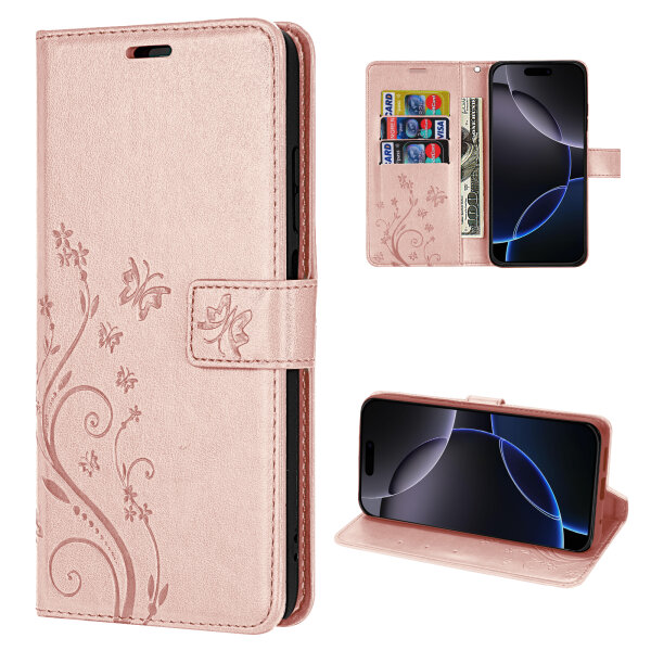Hülle für iPhone 16 Pro Handy Tasche Handyhülle Schutzhülle Klapphülle Rosegold
