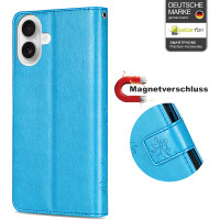 Handyhülle für Apple iPhone 16 Plus – Klapphülle Blume Blau