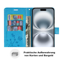 Handyhülle für Apple iPhone 16 Plus – Klapphülle Blume Blau