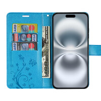 Handyhülle für Apple iPhone 16 Plus – Klapphülle Blume Blau