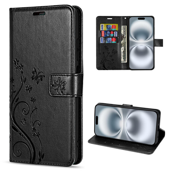 Handyhülle für Apple iPhone 16 Plus – Klapphülle Blume Schwarz