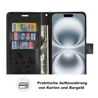Handyhülle für Apple iPhone 16 Plus – Klapphülle Blume Schwarz