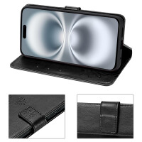 Handyhülle für Apple iPhone 16 Plus – Klapphülle Blume Schwarz