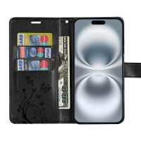 Handyhülle für Apple iPhone 16 Plus – Klapphülle Blume Schwarz