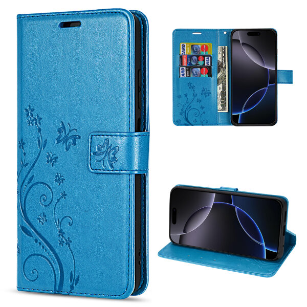 Handyhülle für Apple iPhone 16 Pro Max – Klapphülle Blume Blau