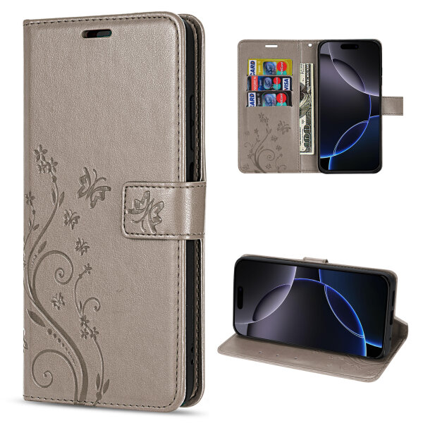 Handyhülle für Apple iPhone 16 Pro Max – Klapphülle Blume Grau