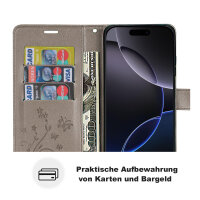 Handyhülle für Apple iPhone 16 Pro Max – Klapphülle Blume Grau