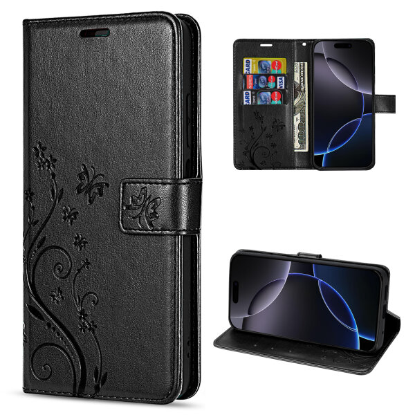 Handyhülle für Apple iPhone 16 Pro Max – Klapphülle Blume Schwarz