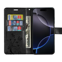Handyhülle für Apple iPhone 16 Pro Max – Klapphülle Blume Schwarz