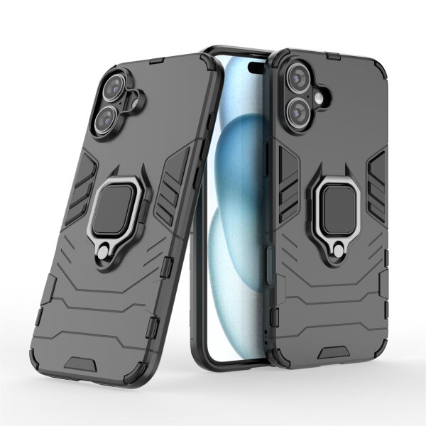 Hülle iPhone 16 Handyhülle Stoßfest 360° Drehbarer Ring Ständer TPU Back Cover Schwarz