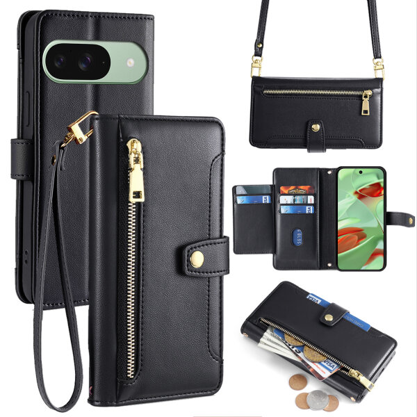 Handykette Google Pixel 9 Pro Hülle mit Band Handyhülle Kartenfächer PU Leder Umhängetasche Schwarz