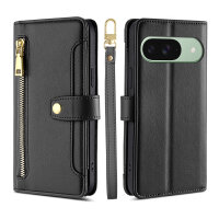 Handykette Google Pixel 9 Pro Hülle mit Band Handyhülle Kartenfächer PU Leder Umhängetasche Schwarz