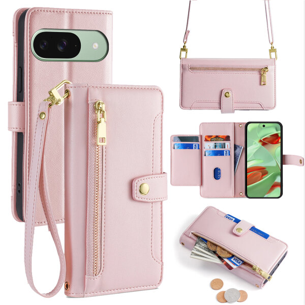 Handykette Google Pixel 9 Pro mit Band Handyhülle Kartenfächer PU Leder Umhängetasche Rosa