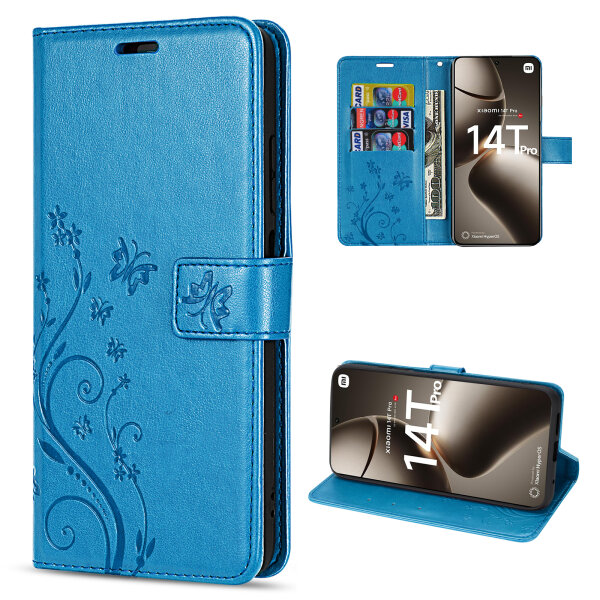 Hülle Xiaomi 14T Pro, Handy Tasche Handyhülle Wallet Case Flip Cover Klapphülle Blau