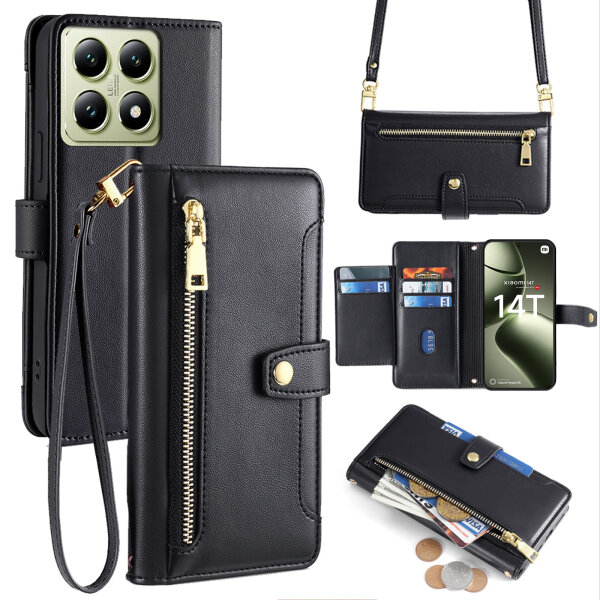 Handykette Xiaomi 14T Hülle mit Band Handyhülle Kartenfächer PU Leder Umhängetasche Schwarz