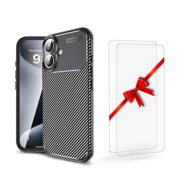 SPARSET Carbon Hülle + 2x 9H Panzerfolie für iPhone 16 Plus, Schutz Outdoor Case Cover