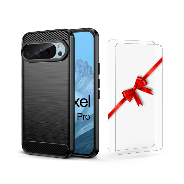 SPARSET Carbon Hülle + 2x 9H Panzerfolie für Google Pixel 9 / 9 Pro, Schutz Outdoor Case Cover